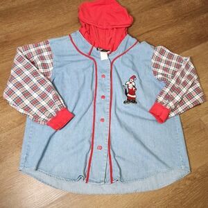 Top Line USA Looney Tunes Santa Sylvester Denim Plaid Hoodie Button Up Shirt M
